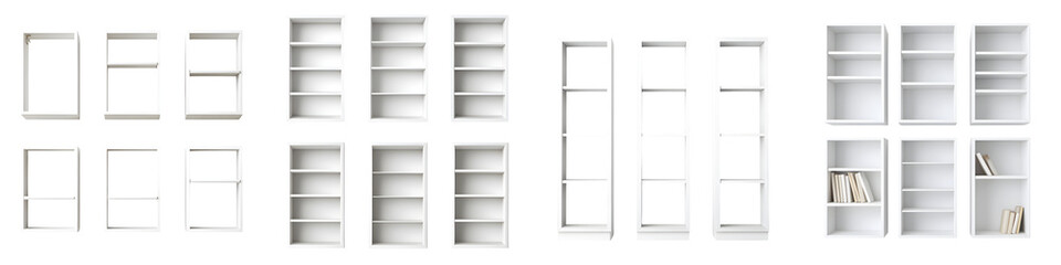 A collection of versatile modern shelving units in a minimalist white design that can be arranged in various to suit different storage and display needs