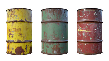 Collection of Three Vintage Rusty Metal Barrels in Yellow Green and Red with Distressed Texture
