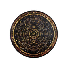 Mystical Golden Mandala on Dark Wooden Round Tabletop