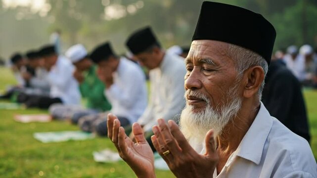 Devotees gather for serene communal prayer session on grassy field