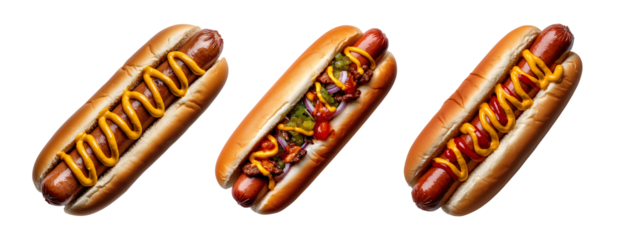set of op view of a long hot dog in a bun with relish, onions, and mustard isolated on a transparent background	