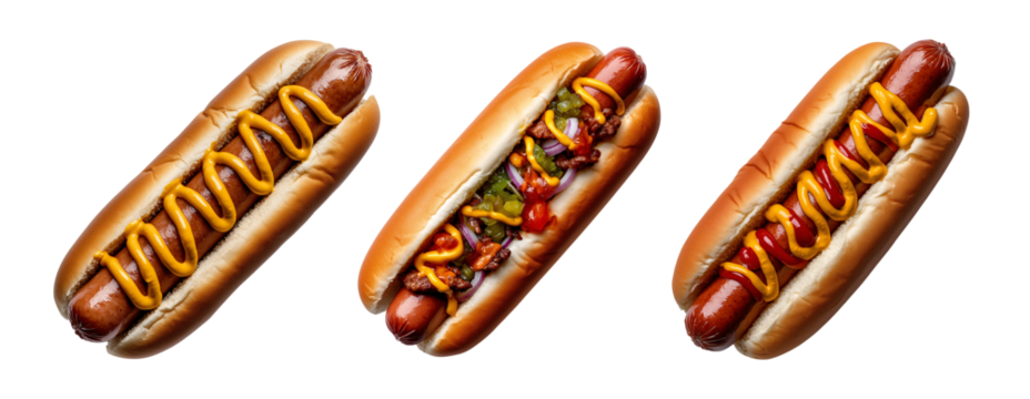 set of op view of a long hot dog in a bun with relish, onions, and mustard isolated on a transparent background	