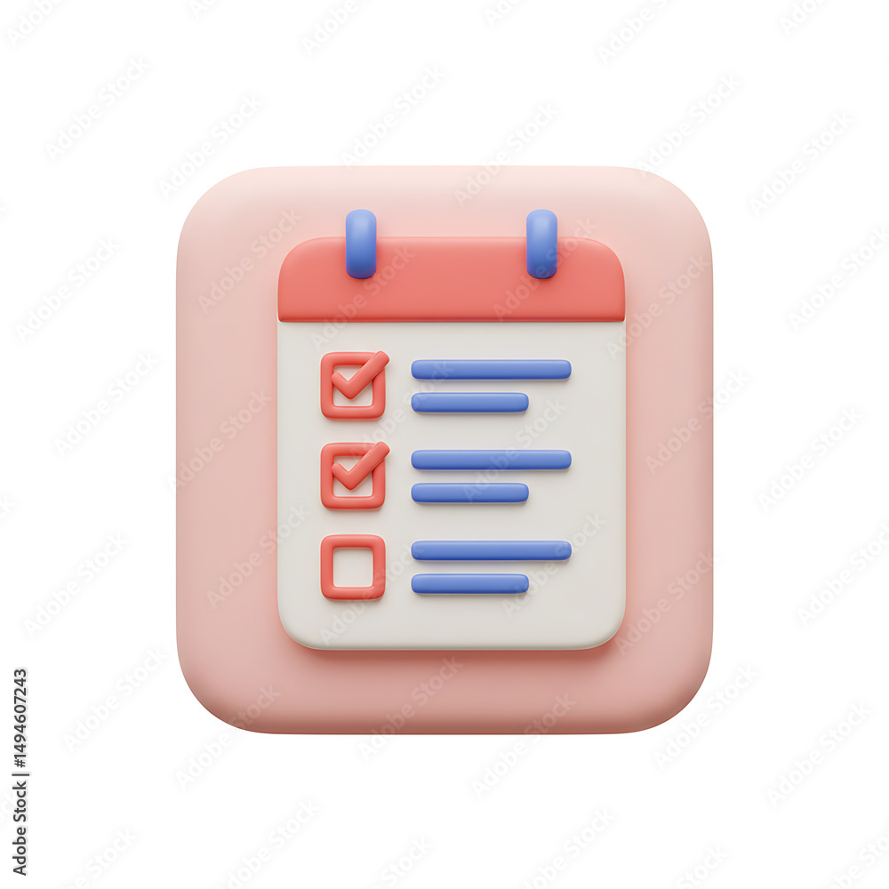 Poster 3d rendered illustration of a pink and red checklist icon with marks for tasks completed on a white 