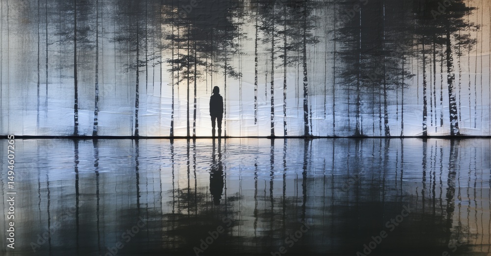 Aufkleber silhouette stands before mirrored forest. reflections create symmetrical, ethereal scene. calmness, 