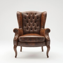 A brown leather wingback armchair with button tufting, carved wooden legs, and a classic design, isolated on a white background