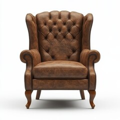 A brown leather wingback armchair with button tufting, high back, and cabriole legs, isolated on a white background