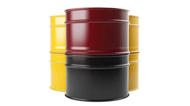 Colorful Stacked Industrial Barrels in Vivid Red Yellow and Black on a Transparent Background