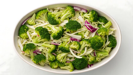 Broccoli salad Fresh broccoli salad with sliced cabbage and onion in white bowl ready to serve healthy meal
