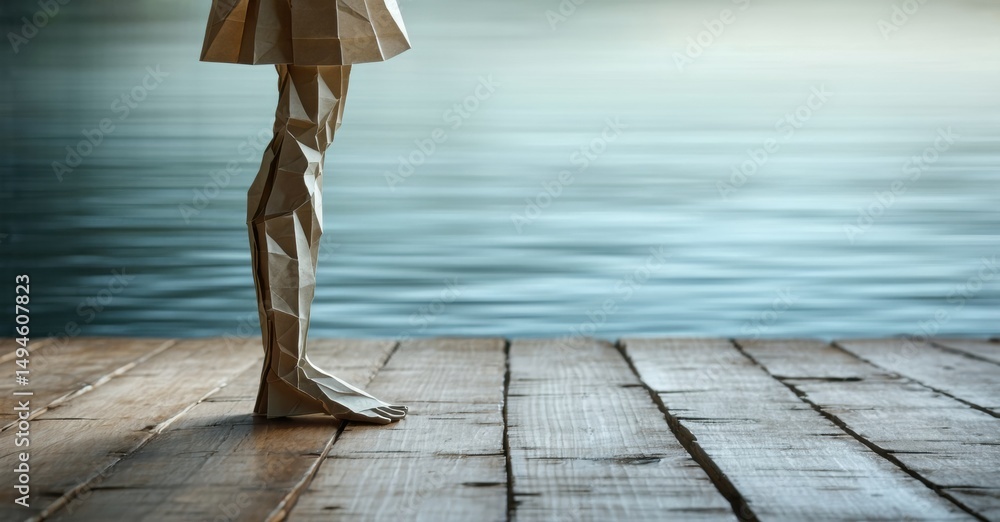 Poster paper lamp shaped like leg stands on wooden dock. water background creates serene, minimalist scene.