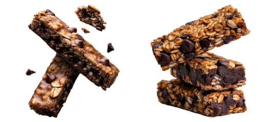 A stack of granola bars with a few pieces broken off, glazed in chocolate with chocolate chips isolated on a transparent background	