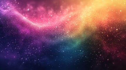 A vibrant, swirling nebula with a spectrum of colors, from deep blues and purples to bright pinks, oranges, and yellows, speckled with glittering particles