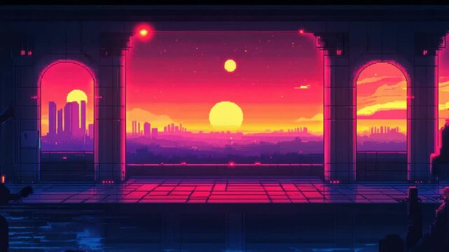 Retro Pixel Cityscape Sunset Scene, An Exploration in Eighties Inspired Graphics