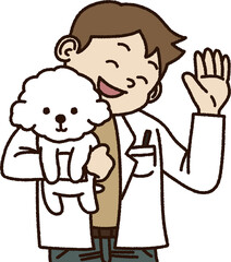 진료 중인 수의사와 반려동물, 동물병원에서 건강검진을 받는 강아지와 고양이, 청진기와 진료 차트가 있는 현대적인 반려동물 진료소 장면