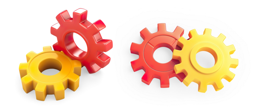 3D Interlocking Red and Yellow Gears on a Transparent Background - Powered by Adobe