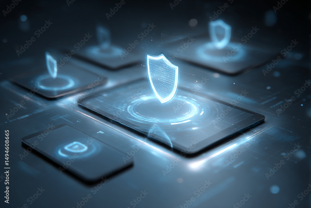 Poster digital devices displaying glowing shield icons representing data security and cyber protection syst