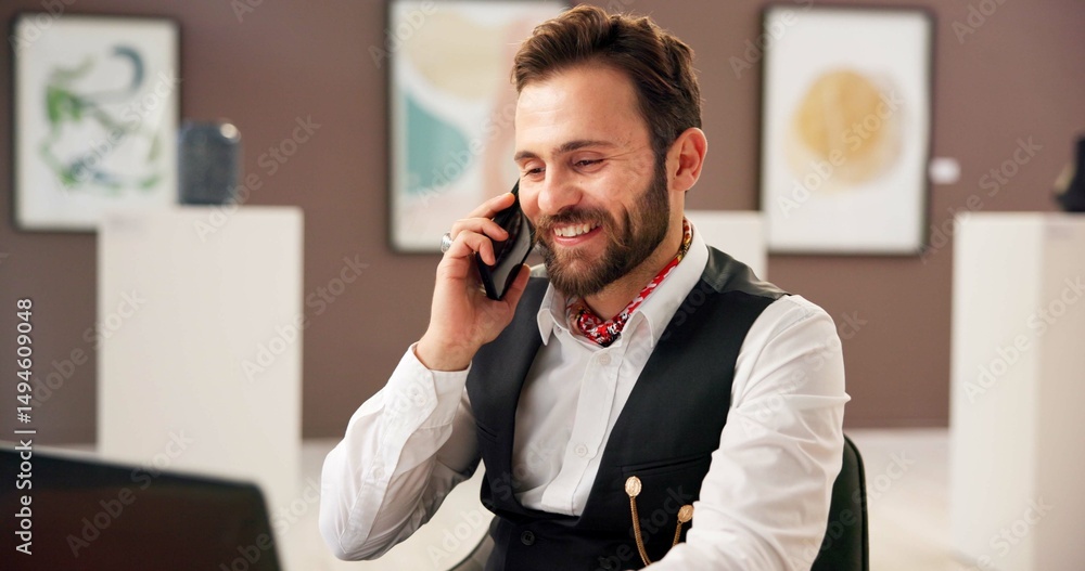 Aufkleber Laptop, phone call and smile of man in art gallery for exhibition or networking as curator. Communication, conversation and planning on computer with person in museum for expo, showcase or vision