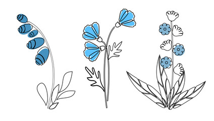 Three botanical designs with blue outline flowers. Vector illustration for stencils, cards, wall decor, tiles