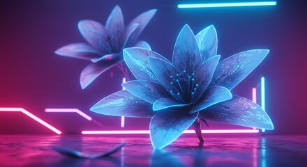 Neon Bloom: Glowing Blue Flowers in a Cyberpunk Setting