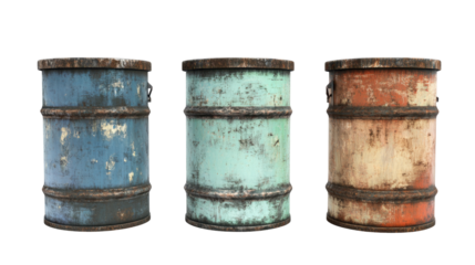 Set of Three Weathered Metal Barrels in Blue, Green, and Rust Orange with Distressed Texture