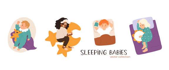 Obraz premium Sleeping babies set. Calm kids asleep, lying and dreaming at night. Cute little boys and girls, sweet children relaxing on pillows. Flat cartoon vector illustrations isolated on white background
