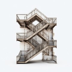 Weathered metal fire escape, stacked and intertwined, creating a three-dimensional, architectural form against a plain white background