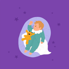 Sleeping babies set. Calm kids asleep, lying and dreaming at night. Cute little boys and girls, sweet children relaxing on pillows. Flat cartoon vector illustrations isolated on white background