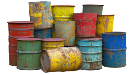 Stack of Colorful Rusty Metal Barrels in Various Colors with a Transparent Background