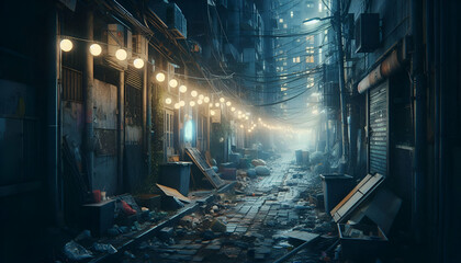 A dilapidated urban alley at night, with broken lights and trash, evoking a sense of danger and hopeless decay.