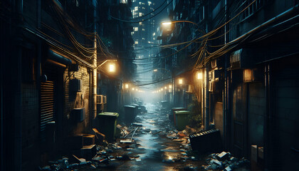 Obraz premium A dilapidated urban alley at night, with broken lights and trash, evoking a sense of danger and hopeless decay.