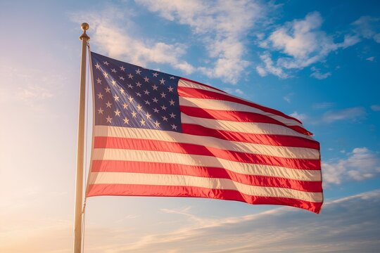 The United States flag waving against a blue sky with scattered clouds