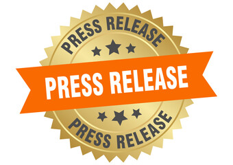 press release. press release round orange and gold label isolated on transparent background