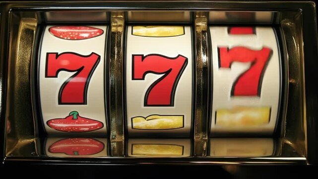 Spinning slot machine with winning jackpot sevens and vibrant fruit symbols