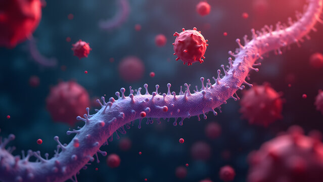 Tubular spirillum and folded virus in microscopic duel, extreme texture and color drama.