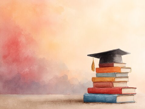 graduation cap and stacked books set against a soft watercolor backdrop, warm hues with ample space for personalized text, elegant and inspiring composition. High quality. High quality