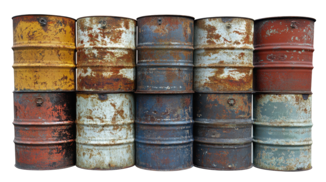 Stacked Rusty Metal Barrels with Weathered Patina and Distressed Texture in Various Colors