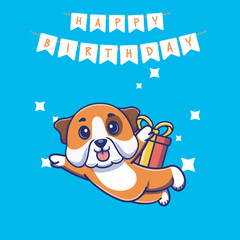Delightful illustration of a Flying cute bulldog  with a giftbox perfect for adding a touch of whimsy and joy to your design.suitable for various projects,from birtday card