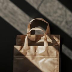 Two light-brown paper bags, nestled together, sit on a dark surface, illuminated by diagonal sunlight