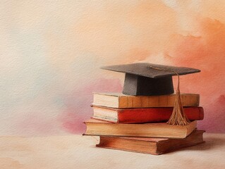 graduation cap and stacked books set against a soft watercolor backdrop, warm hues with ample space for personalized text, elegant and inspiring composition. High quality. High quality