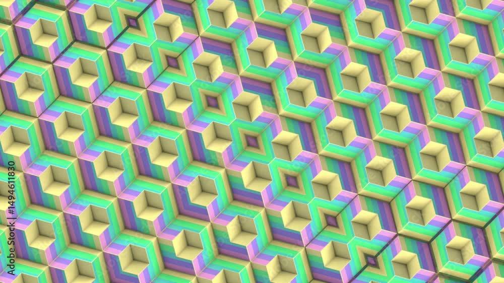 Poster Loop animation of a symmetrical geometric pattern of dynamically changing hexagonal shapes. Bright colors create a rich visual effect. 3d rendering 4K