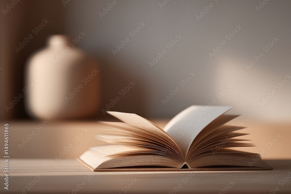 Poster minimalistic scene showcasing single open book on polished wooden surface with ample copy space surr