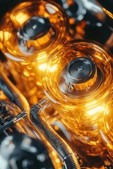 Close-up of glowing amber glass cylinders within a complex metallic framework, suggesting a technological or futuristic power source