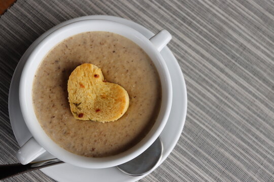 moshroom soup in a white bowl 