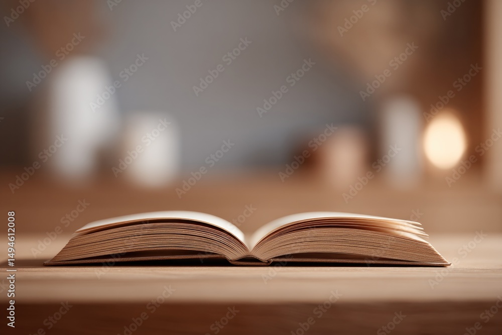 Poster minimalistic scene showcasing single open book on polished wooden surface with ample copy space surr