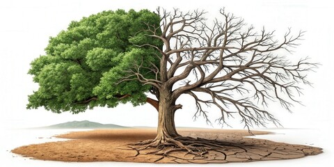 Conceptual illustration depicting a tree divided into half alive and half dead, symbolizing desertification and drought effects on the environment