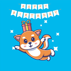 Delightful illustration of a fliying shiba inu dogs with a gift box on its back ,perfect for adding a touch of whimsy and joy to your design. Suitable for various projects, from birthday cards.