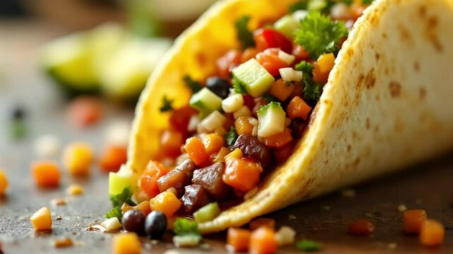Slow motion shot of a taco being bitten into, with the ingredients spilling out.