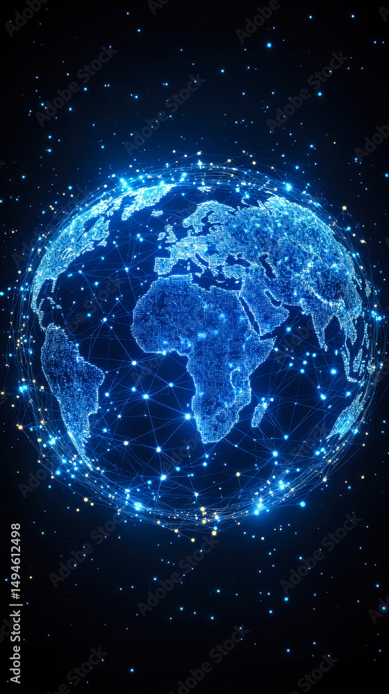 Poster digital networked earth with glowing connections in space representing global technology