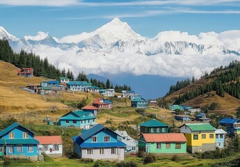 Fototapeta premium Colorful Houses on Mountainside with Snowy Peaks