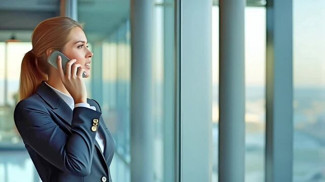 Single beautiful European Businesswoman Making Phone Call While Walking on modern office background. Suitable for marketing or business purposes