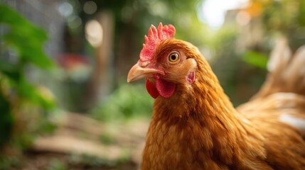 Close-up of a Brown Chicken with Red Comb in a Natural Setting